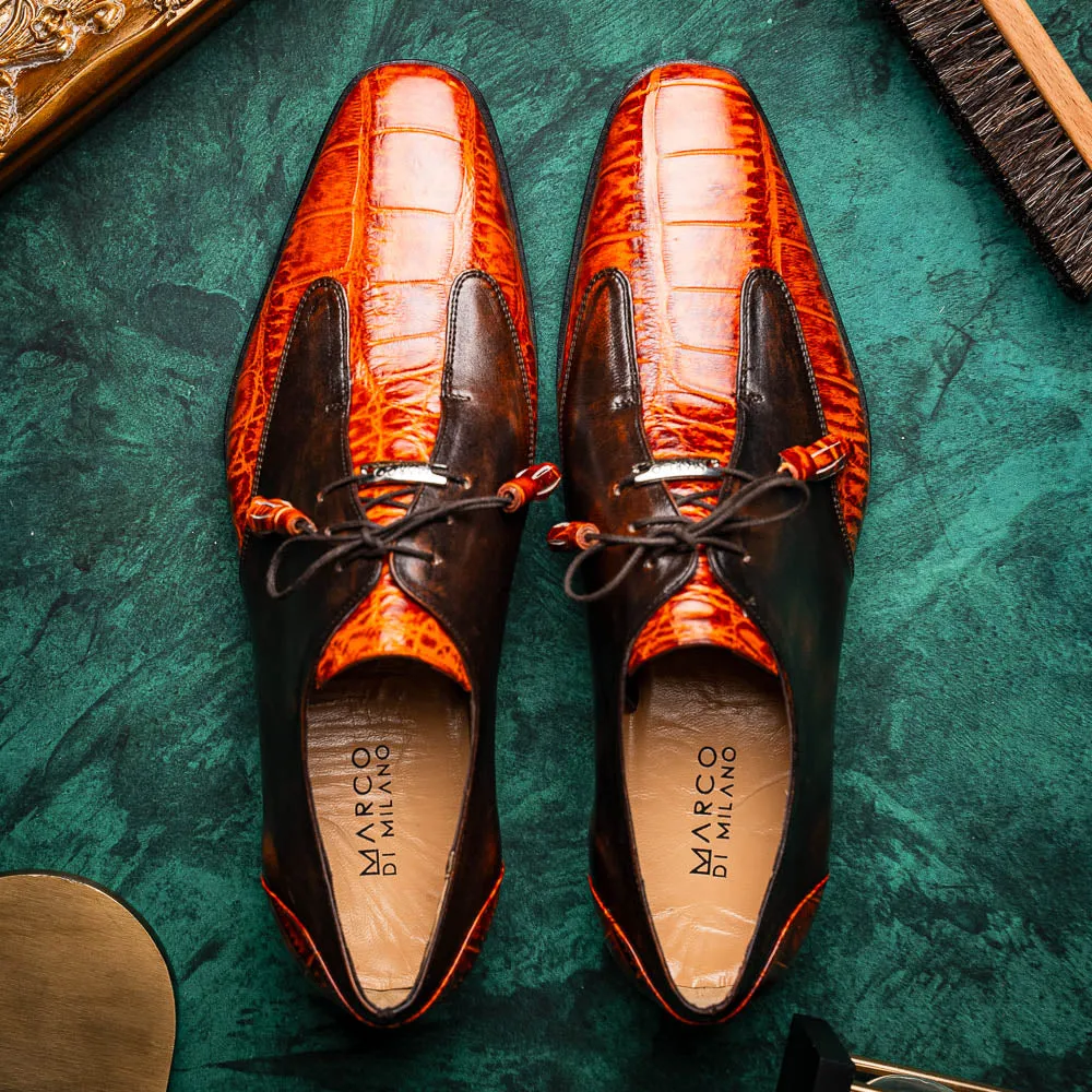 Marco Di Milano Anzio in Brandy Alligator & Calfskin Derby Dress Shoes
