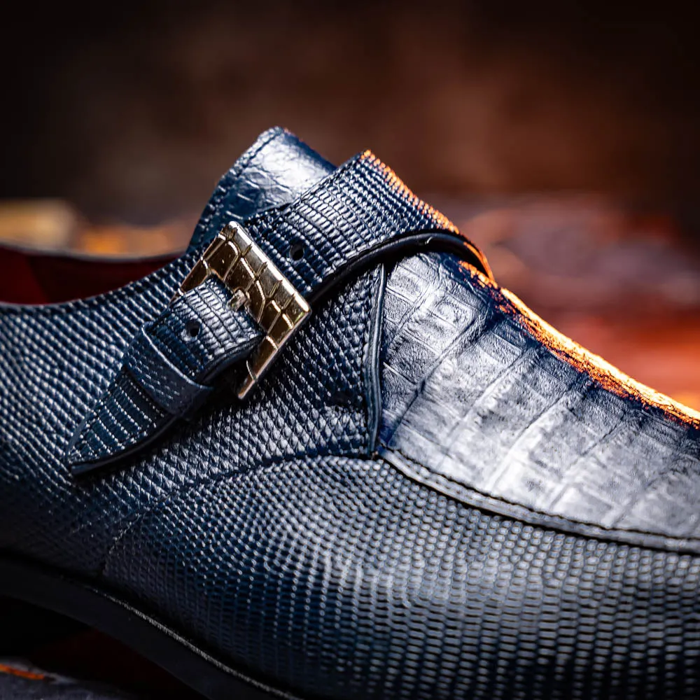 Marco Di Milano Toluca in Navy Crocodile & Lizard Monk Strap Dress Shoes