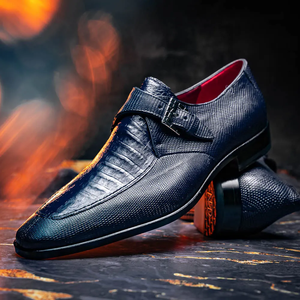 Marco Di Milano Toluca in Navy Crocodile & Lizard Monk Strap Dress Shoes