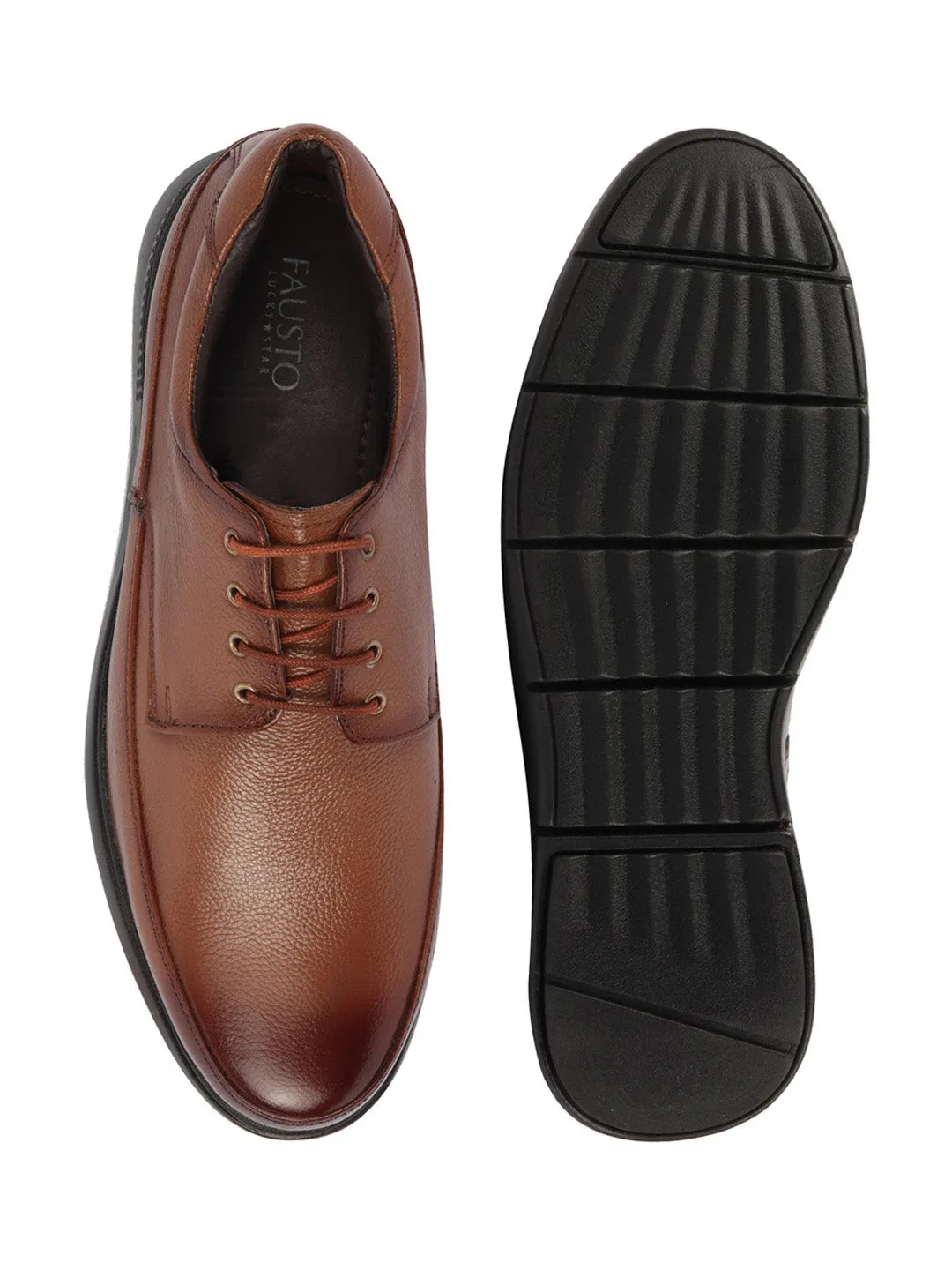 Men Tan Genuine Burnish Leather Formal Dress Lace Up Flat Heel Shoes For Office|Work