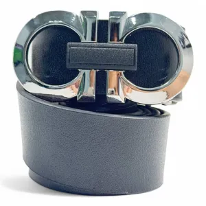 Men’s Black Leather Belt with Polished Chrome Double Ring Buckle
