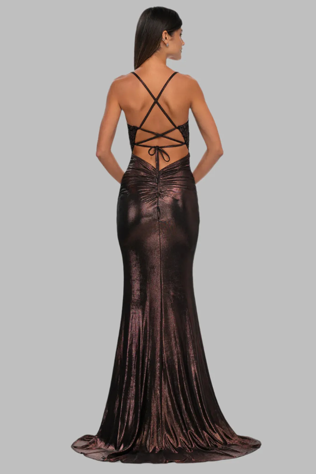 Metallic Lace Up Back Ruched Gown