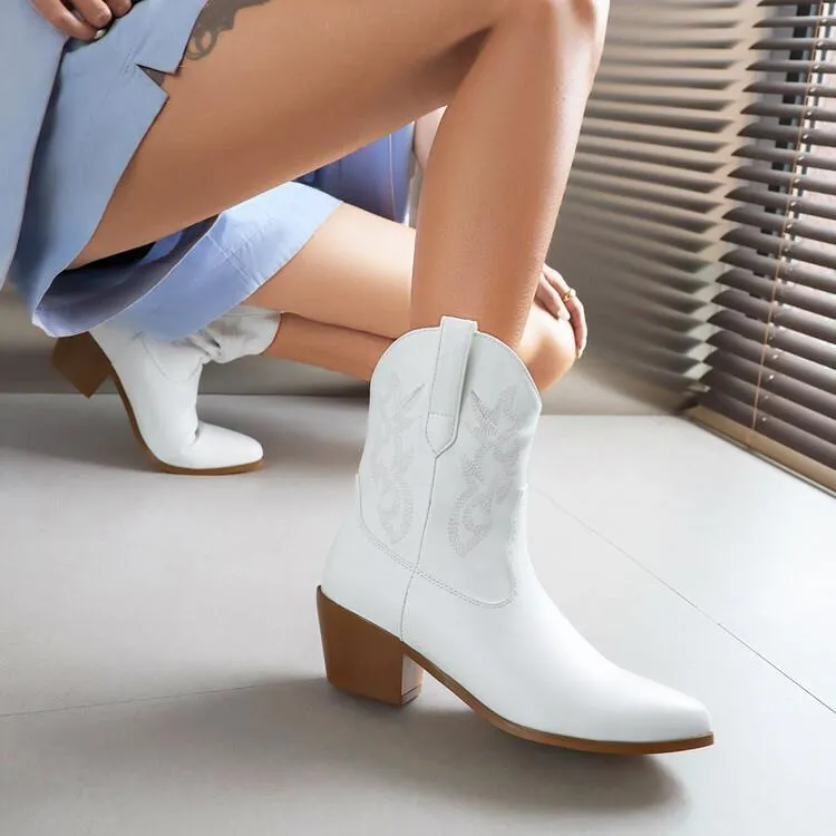 Mirror Patent Leather Embroidery Knee-high Women Boots Pointed Mid-calf Embroidery Chunky High Heel