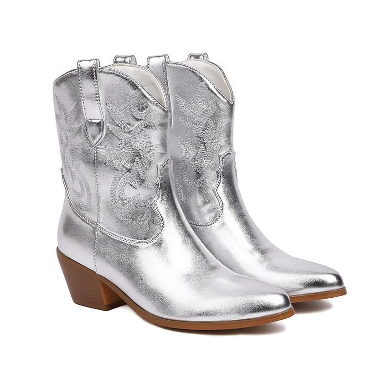Mirror Patent Leather Embroidery Knee-high Women Boots Pointed Mid-calf Embroidery Chunky High Heel