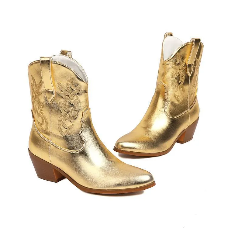 Mirror Patent Leather Embroidery Knee-high Women Boots Pointed Mid-calf Embroidery Chunky High Heel