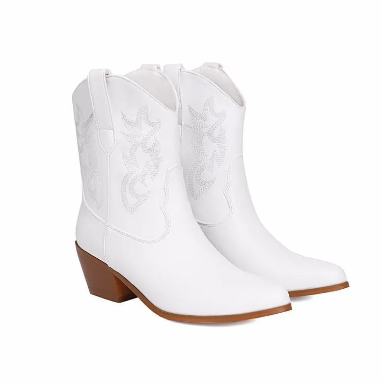 Mirror Patent Leather Embroidery Knee-high Women Boots Pointed Mid-calf Embroidery Chunky High Heel
