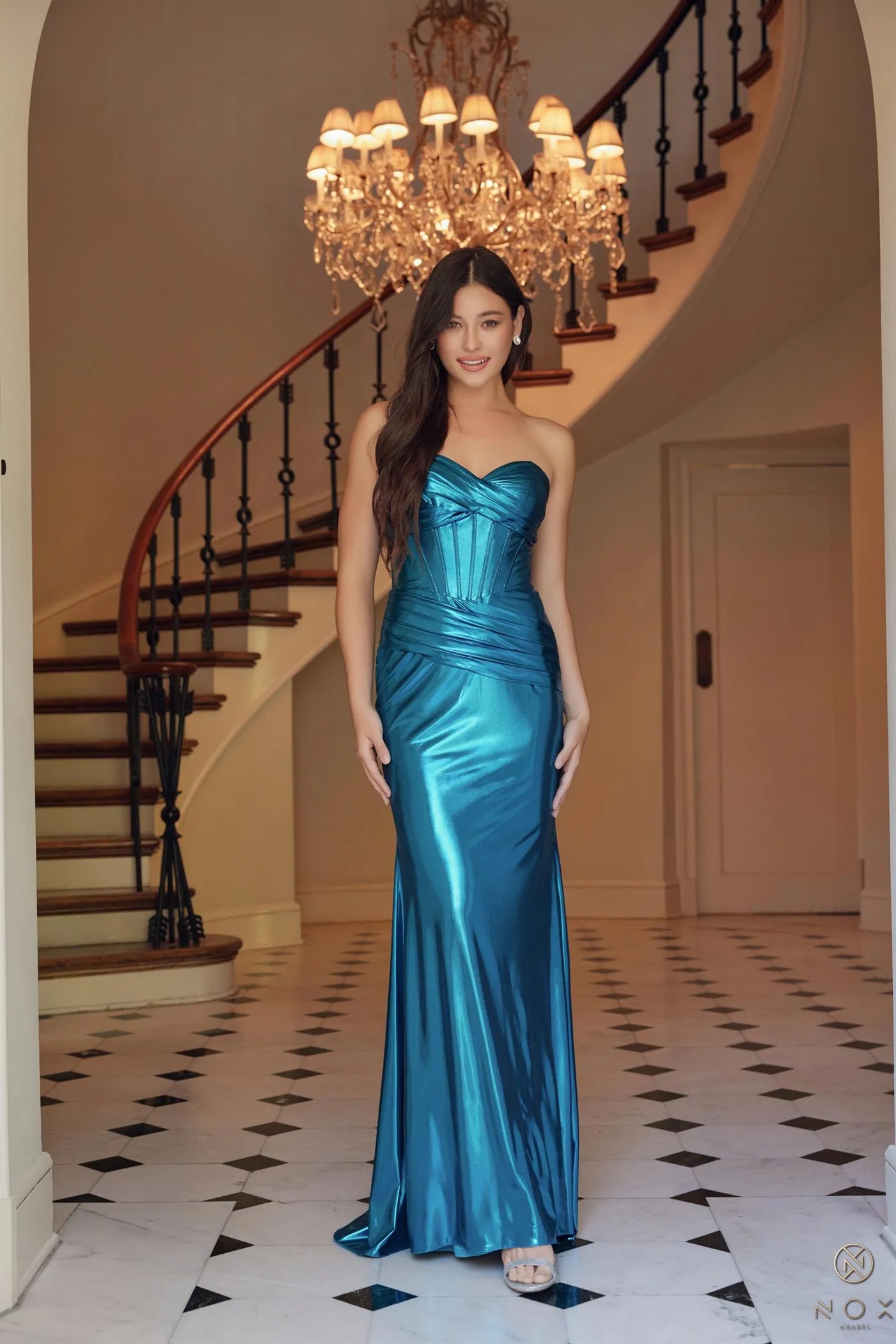 N T1499 - Strapless Stretch Metallic Fit & Flare Prom Gown with Boned Bodice & Lace-Up Back