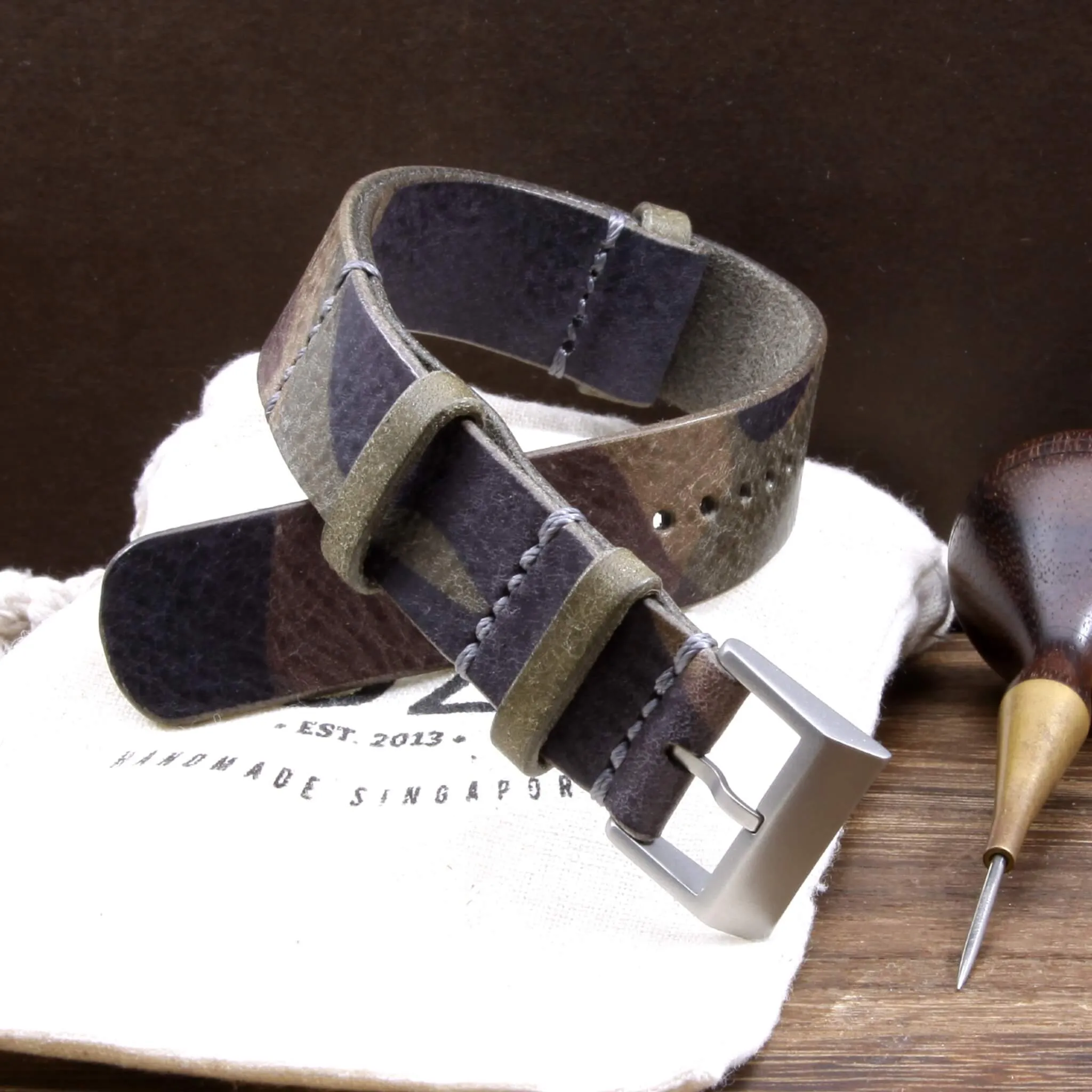 NAT2 Leather Watch Strap, Camo Grigio