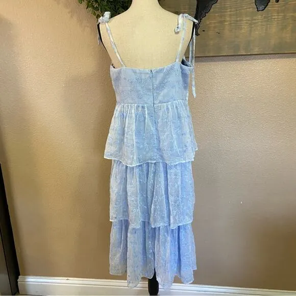 NWOT Lulus Vineyard Visit Blue Embroidered Tie-Strap Tiered Midi Dress