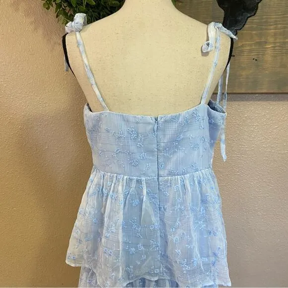 NWOT Lulus Vineyard Visit Blue Embroidered Tie-Strap Tiered Midi Dress