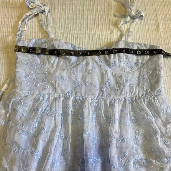 NWOT Lulus Vineyard Visit Blue Embroidered Tie-Strap Tiered Midi Dress