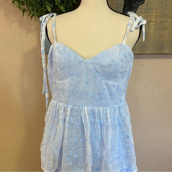 NWOT Lulus Vineyard Visit Blue Embroidered Tie-Strap Tiered Midi Dress