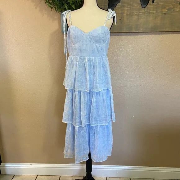 NWOT Lulus Vineyard Visit Blue Embroidered Tie-Strap Tiered Midi Dress