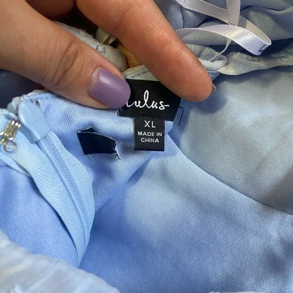 NWOT Lulus Vineyard Visit Blue Embroidered Tie-Strap Tiered Midi Dress