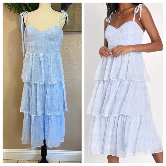 NWOT Lulus Vineyard Visit Blue Embroidered Tie-Strap Tiered Midi Dress