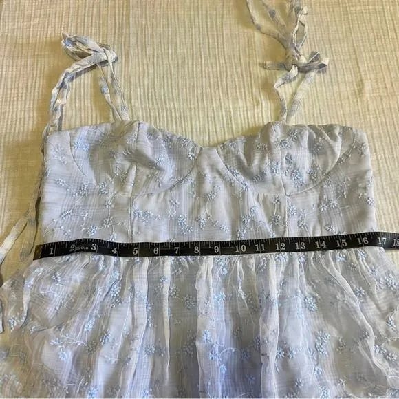 NWOT Lulus Vineyard Visit Blue Embroidered Tie-Strap Tiered Midi Dress
