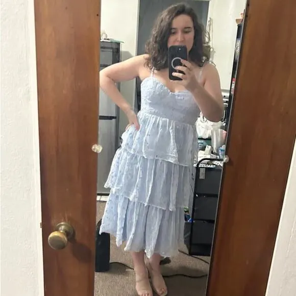 NWOT Lulus Vineyard Visit Blue Embroidered Tie-Strap Tiered Midi Dress