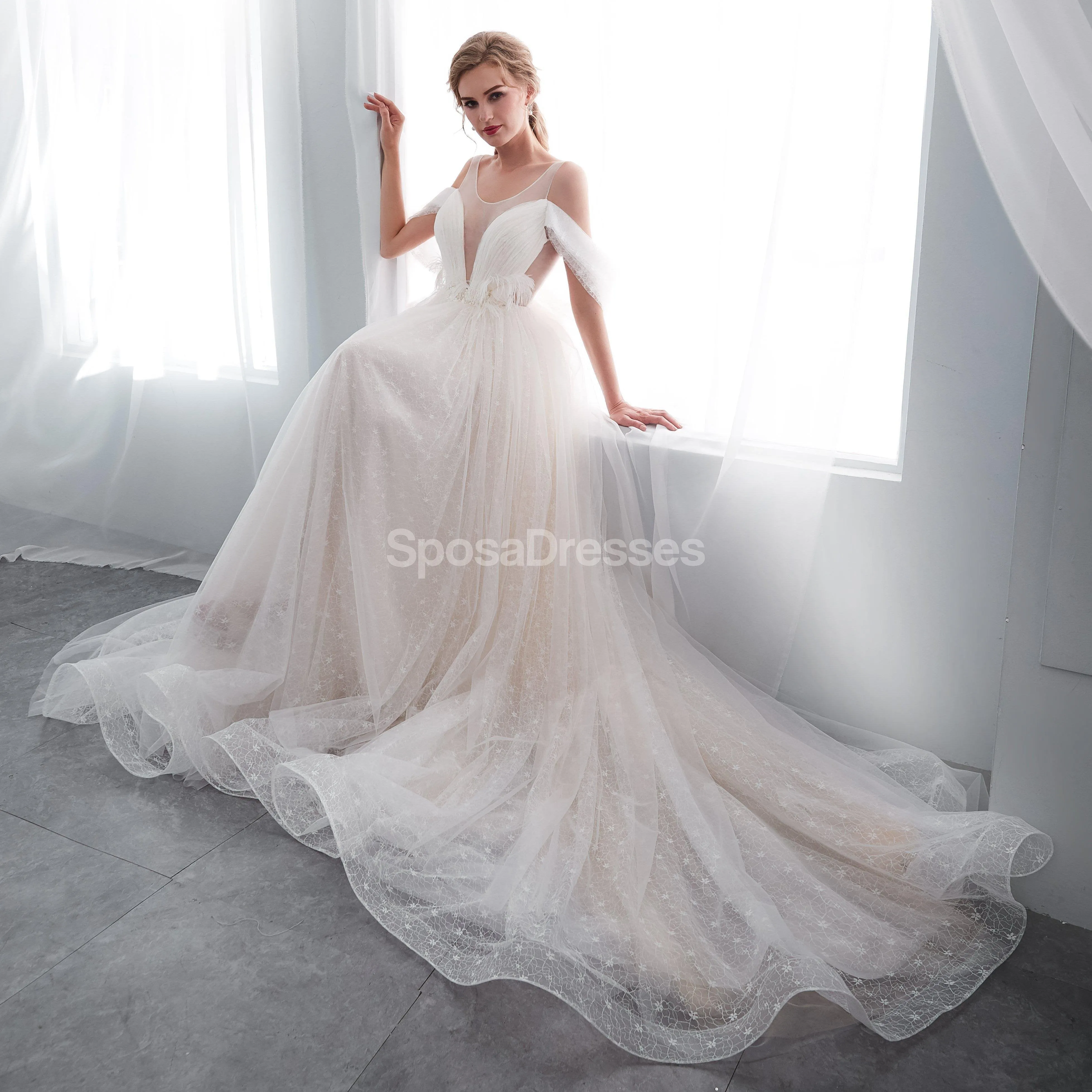 Off Shoulder Simple A-line Scoop Cheap Wedding Dresses Online, Cheap Bridal Dresses, WD573