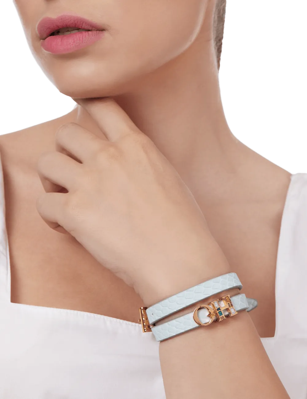 Outhouse   -   OH Series The Oh Monogram, Powder Blue Double Wrap Leather Bracelet