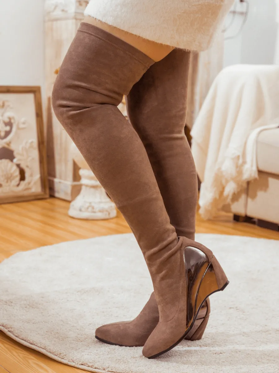 Over Knee Mirror Heel Shaft Boot - Khaki
