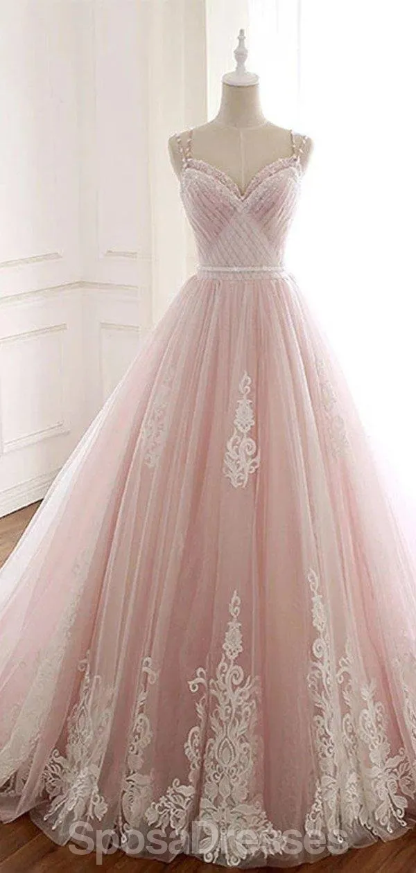 Pale Pink Lace Beaded A-line Long Evening Prom Dresses, Evening Party Prom Dresses, 12209