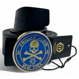 Philipp Plein Skull Belt with Blue Enamel Buckle