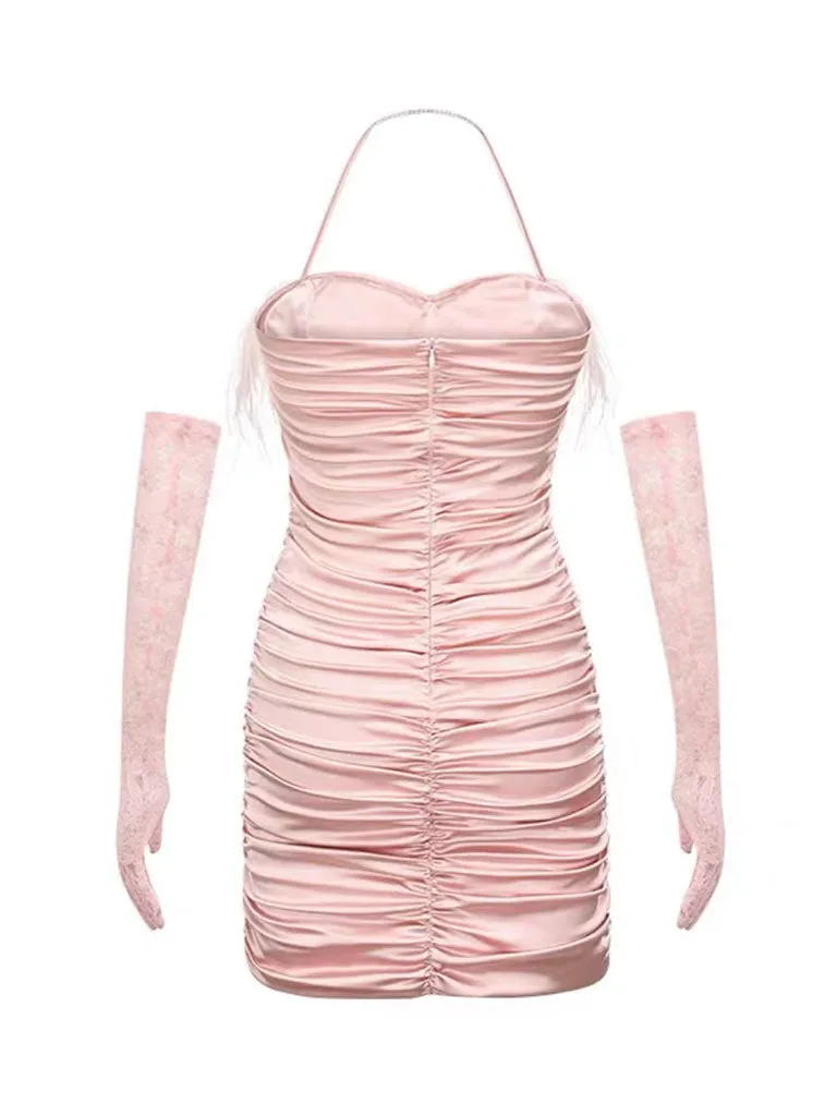 Pink Spaghetti Strap Feather Satin Pleated Sexy Gown Party Dress With Gloves