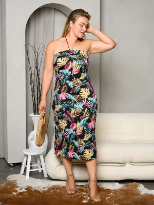 PLUS SIZE SLEEVELESS HALTER NECK FLORAL MIDI DRESS