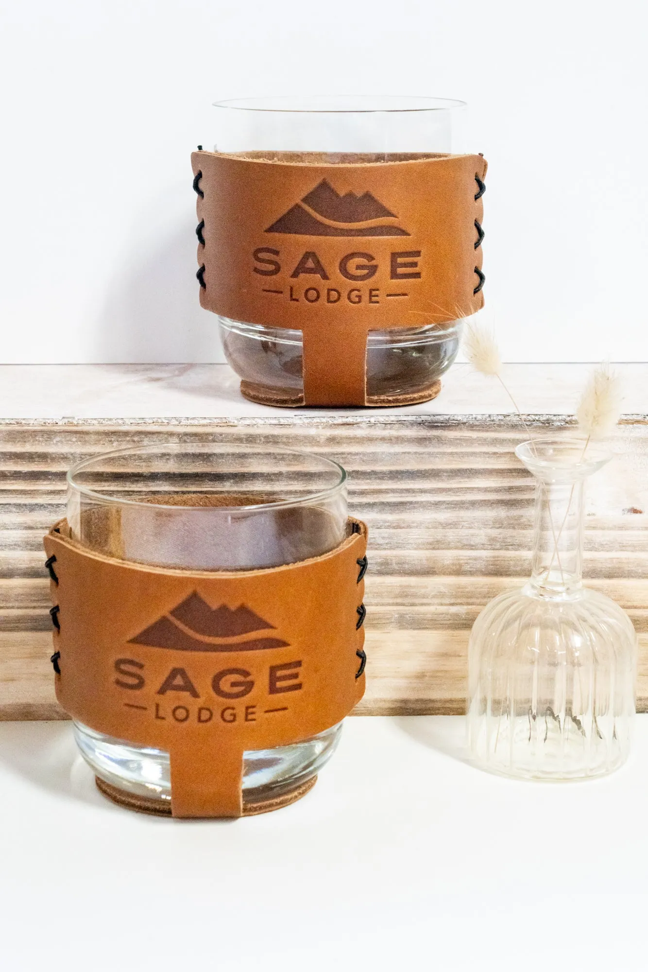 *Sage Lodge Leather Sleeve Rocks Glasses