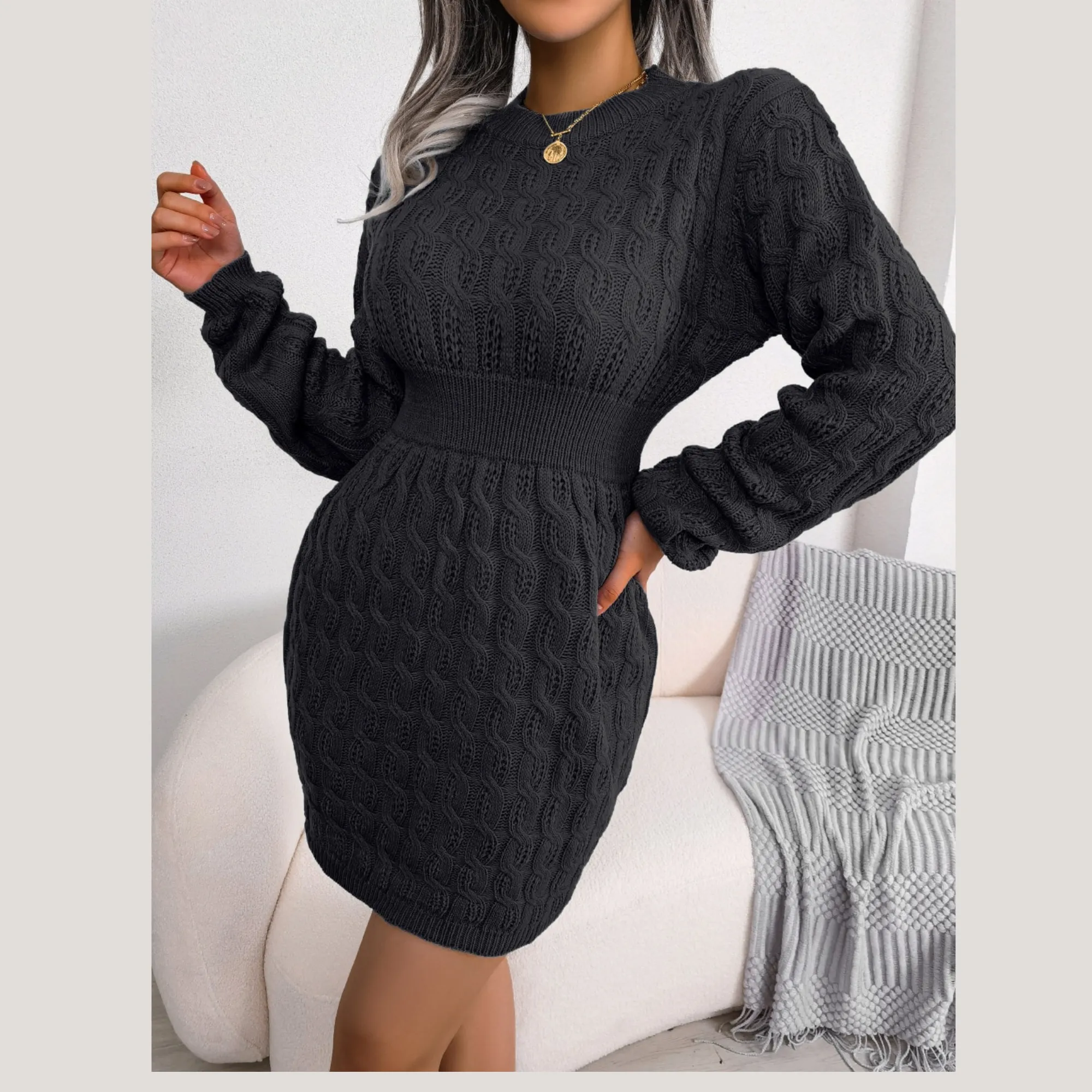 Samara - Black Cable Knit Mini Sweater Dress