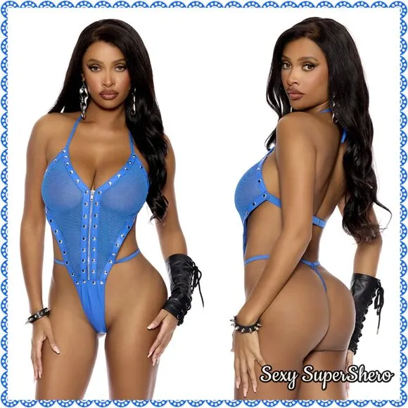 🆕💛Sexy Leather &amp; Fishnet Studded Trim Teddy Lingerie or top in yellow
