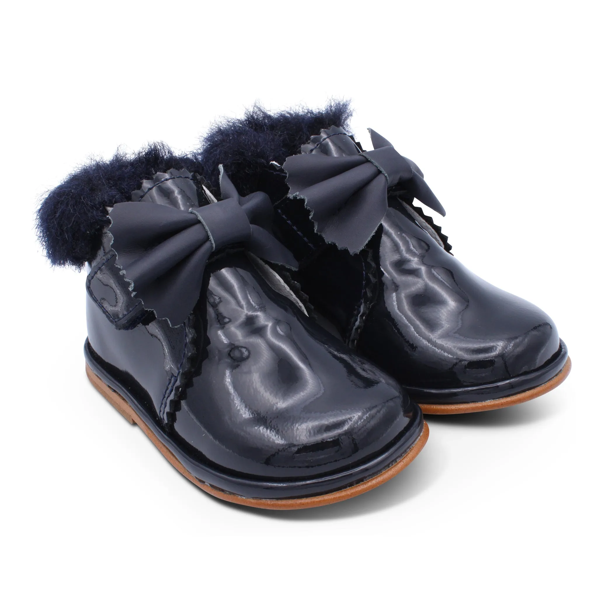 'Shania' Girls Navy Patent Fur Trim Velcro Boots