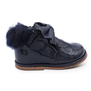'Shania' Girls Navy Patent Fur Trim Velcro Boots