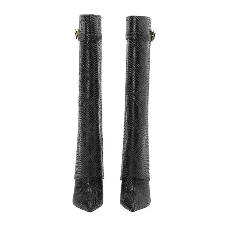 Snake Leather Knee High Trouser Wedge Boots