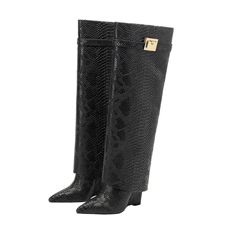 Snake Leather Knee High Trouser Wedge Boots