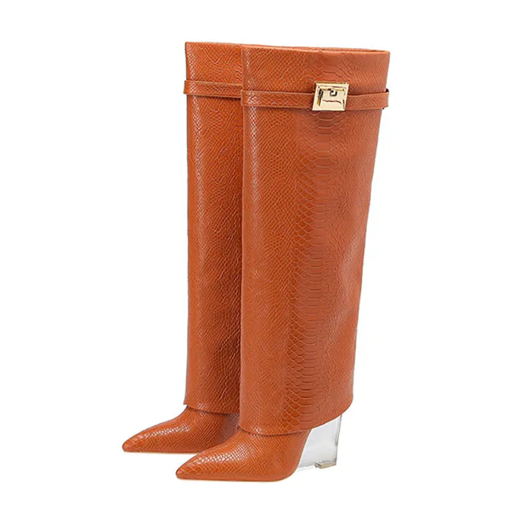 Snake Leather Knee High Trouser Wedge Boots