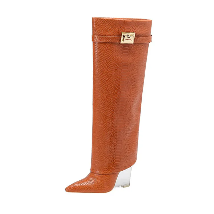 Snake Leather Knee High Trouser Wedge Boots