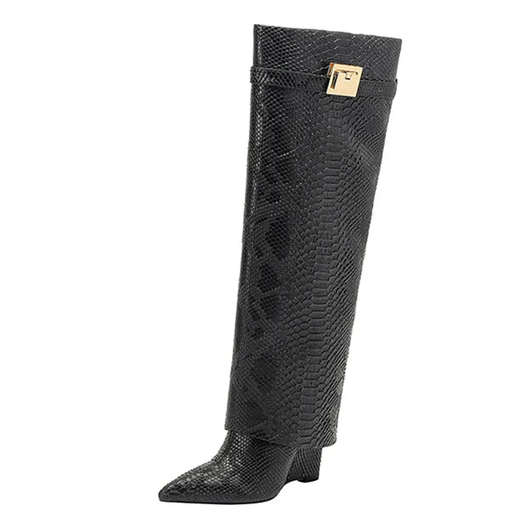 Snake Leather Knee High Trouser Wedge Boots