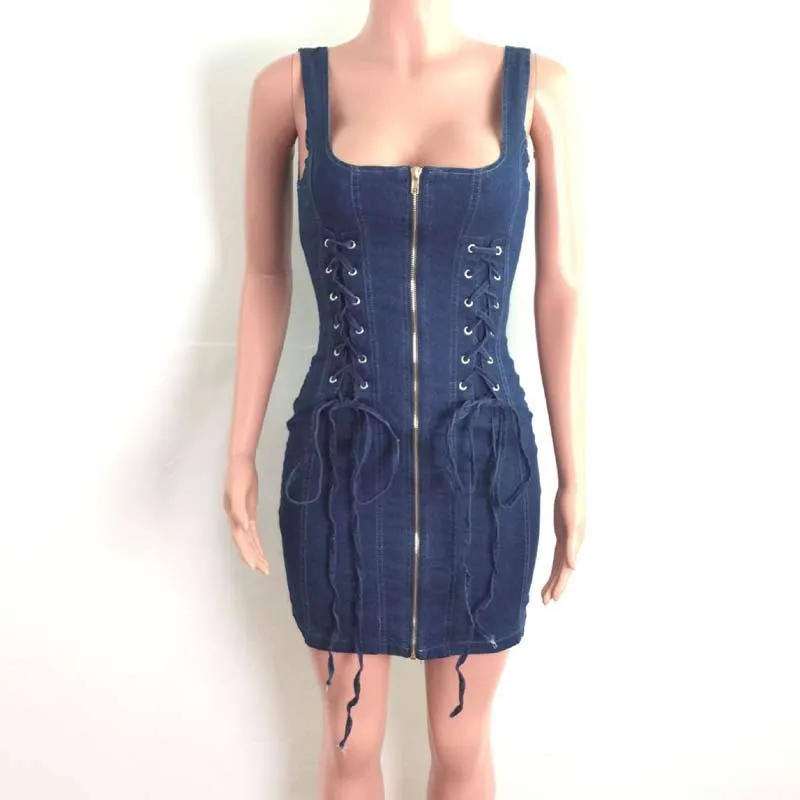 Solid Sleevelesss Lace Up Zipper Design Bodycon Dress