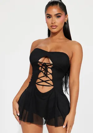 Sultry Lace-Up Strapless Mini Dress with Sheer Flare Hem