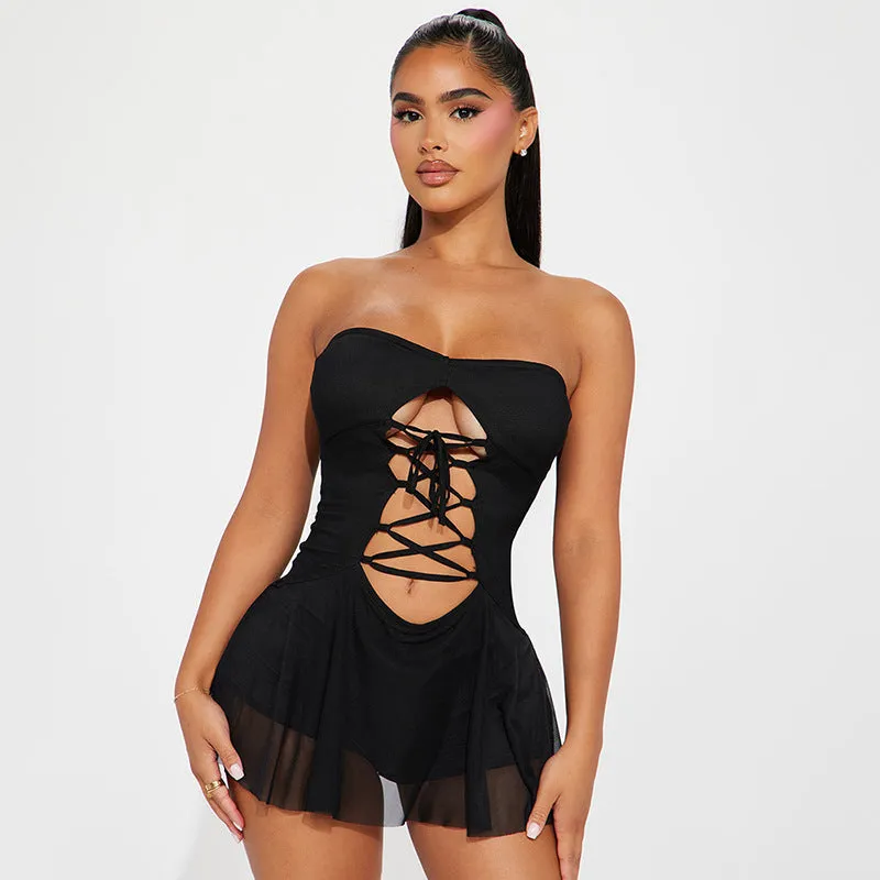 Sultry Lace-Up Strapless Mini Dress with Sheer Flare Hem