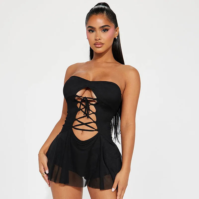 Sultry Lace-Up Strapless Mini Dress with Sheer Flare Hem
