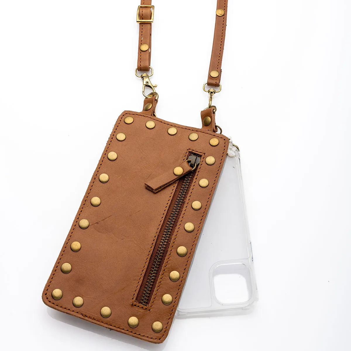 Tan Leather Purse & Strap (w Gold Studs)
