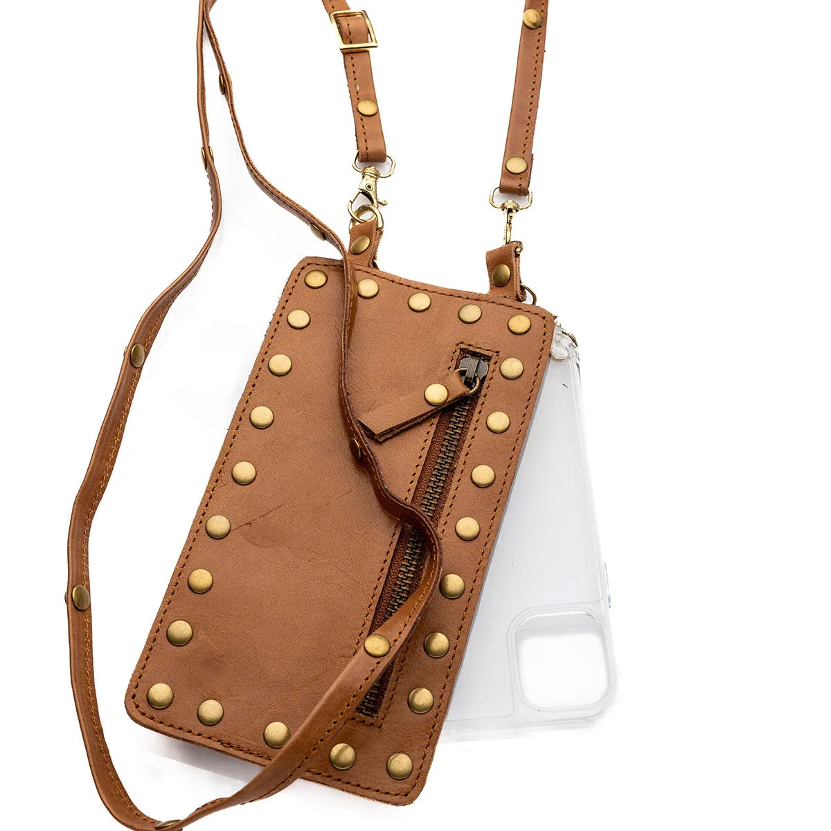 Tan Leather Purse & Strap (w Gold Studs)