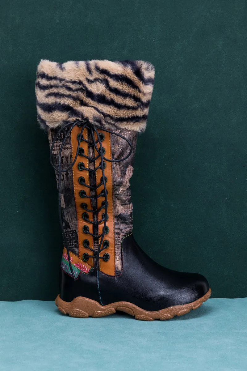Tiger Pattern Fur Circum Leather Tie-Accent Boot