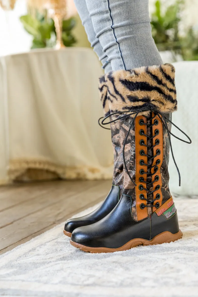 Tiger Pattern Fur Circum Leather Tie-Accent Boot