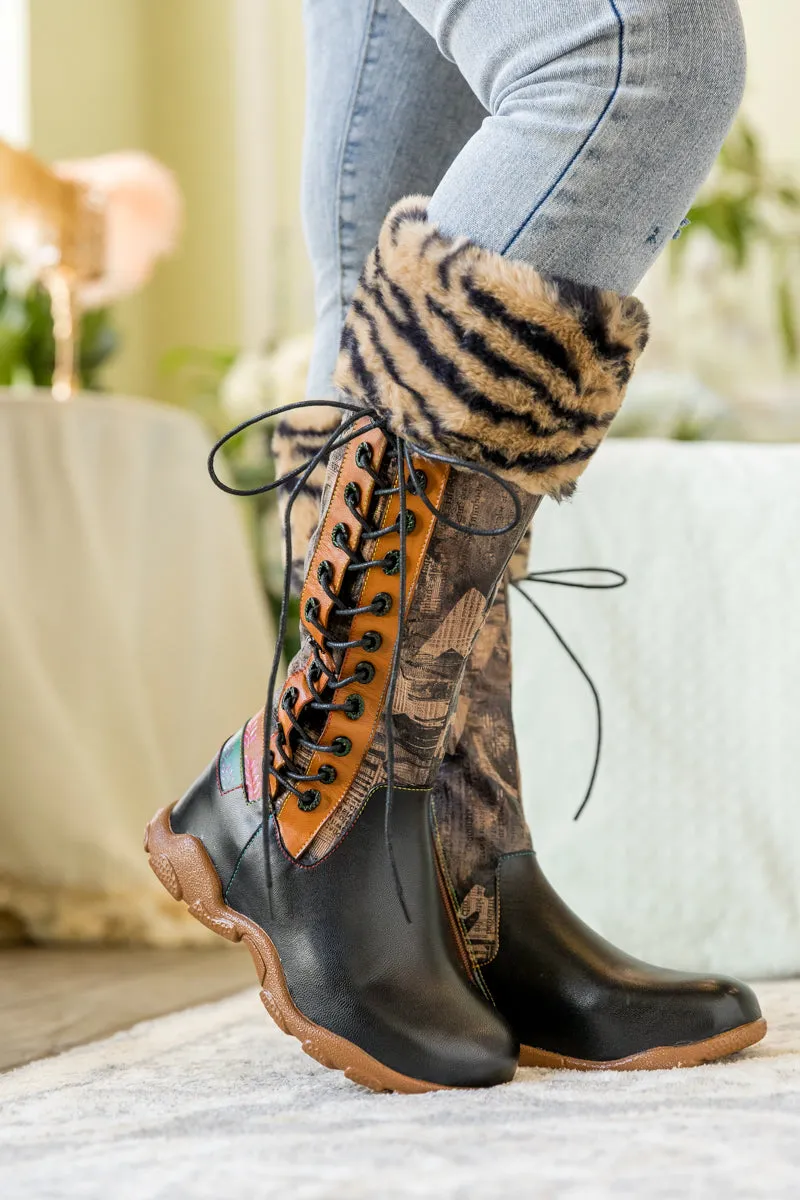 Tiger Pattern Fur Circum Leather Tie-Accent Boot