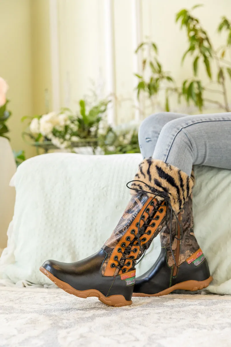 Tiger Pattern Fur Circum Leather Tie-Accent Boot