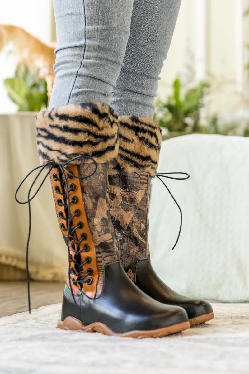 Tiger Pattern Fur Circum Leather Tie-Accent Boot