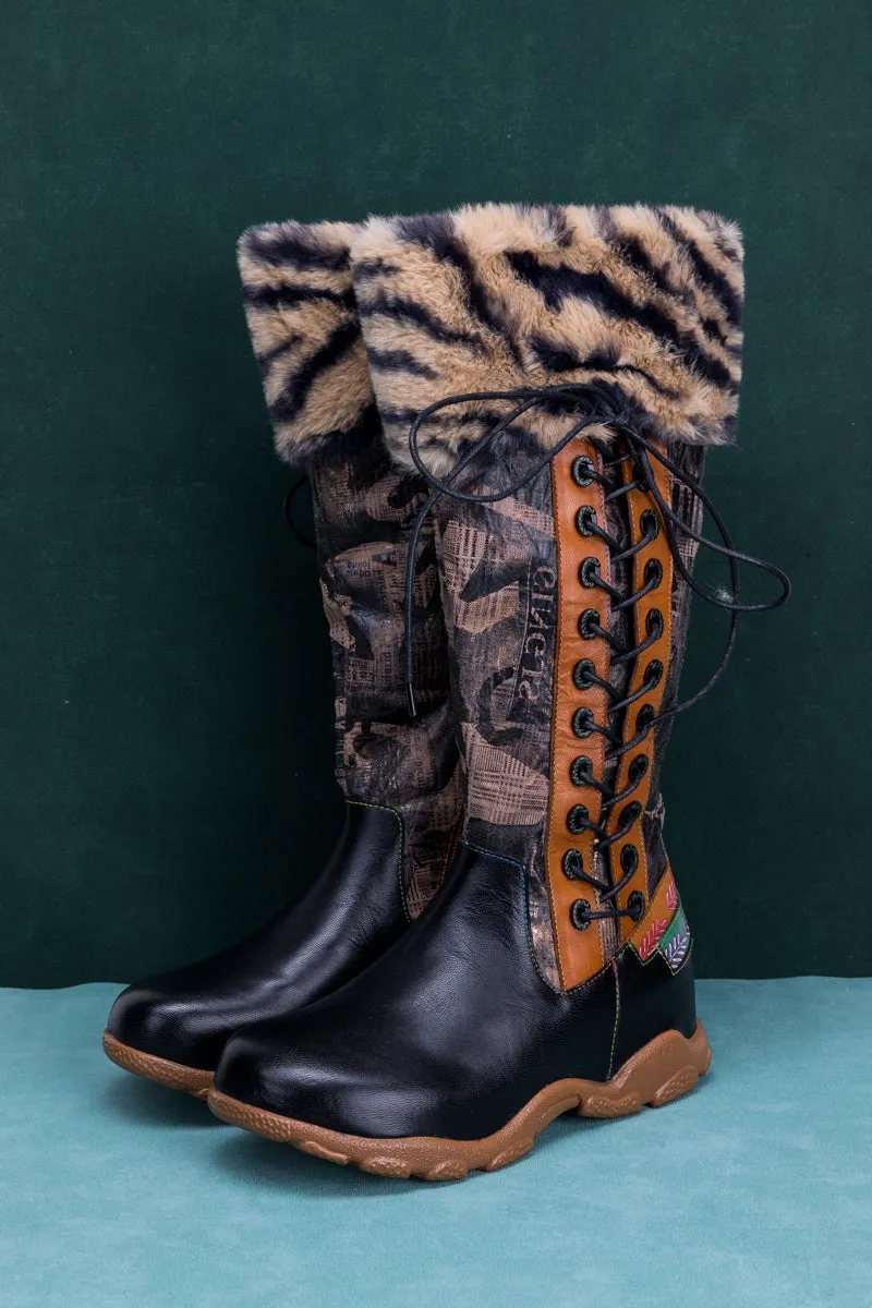 Tiger Pattern Fur Circum Leather Tie-Accent Boot